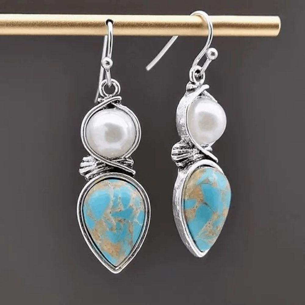 SILVER TURQUOISE PEARL BOHO WESTERN WATER DROP DANGLE EARRINGS